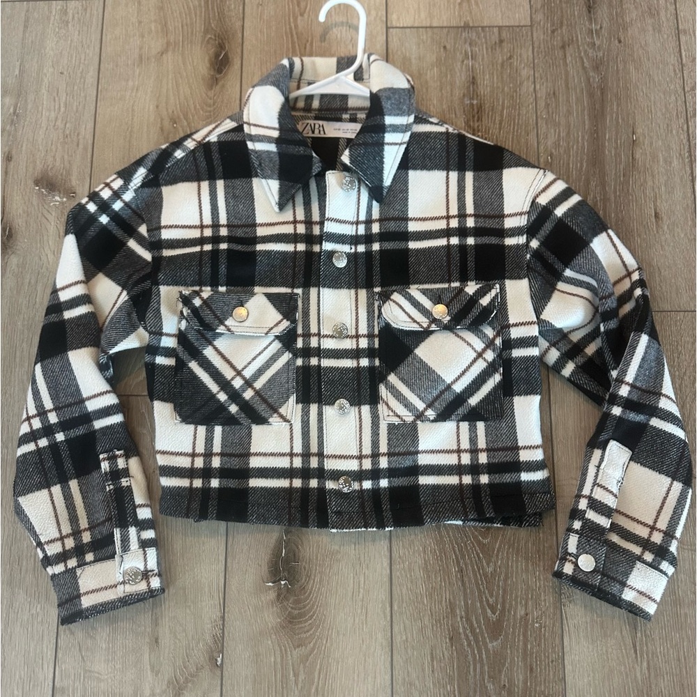 Zara Plaid Black and White Women's Jacket Shacket Fall Jacket w/ Pockets XS